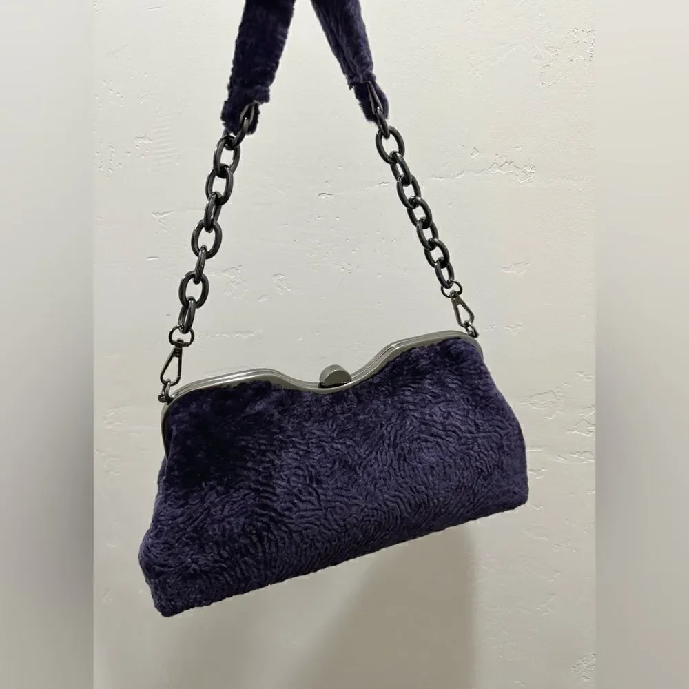 Purple Handmade Real Shearling leather Push Lock Shoulder Bag/Crossbody
